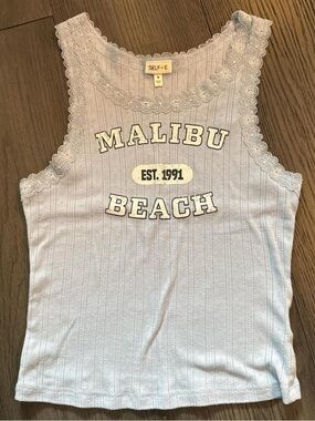 Self-E Light Blue Lace-Trim Ribbed Tank - Malibu Beach Graphic